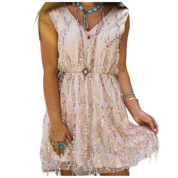 Southern Fried Chics Dresses & Skirts - Southern Fried Chics Mini Dress Womens XL  Beige Shimmy For Me Mesh Sequins